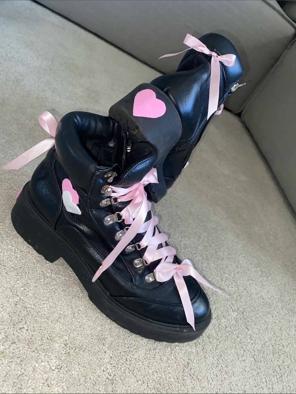 Halloween Costume Witch Goth Boots size 8 black pink satin laces heart accents